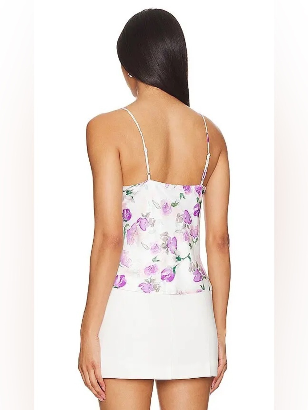 Bardot Wisteria Satin Floral V-Neck Cami with Rosette - White & Purple - Picture 3 of 8